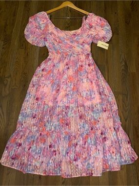 NWT Basil & Lola Floral Puff Sleeve Tiered Midi Dress Women’s Size Medium M